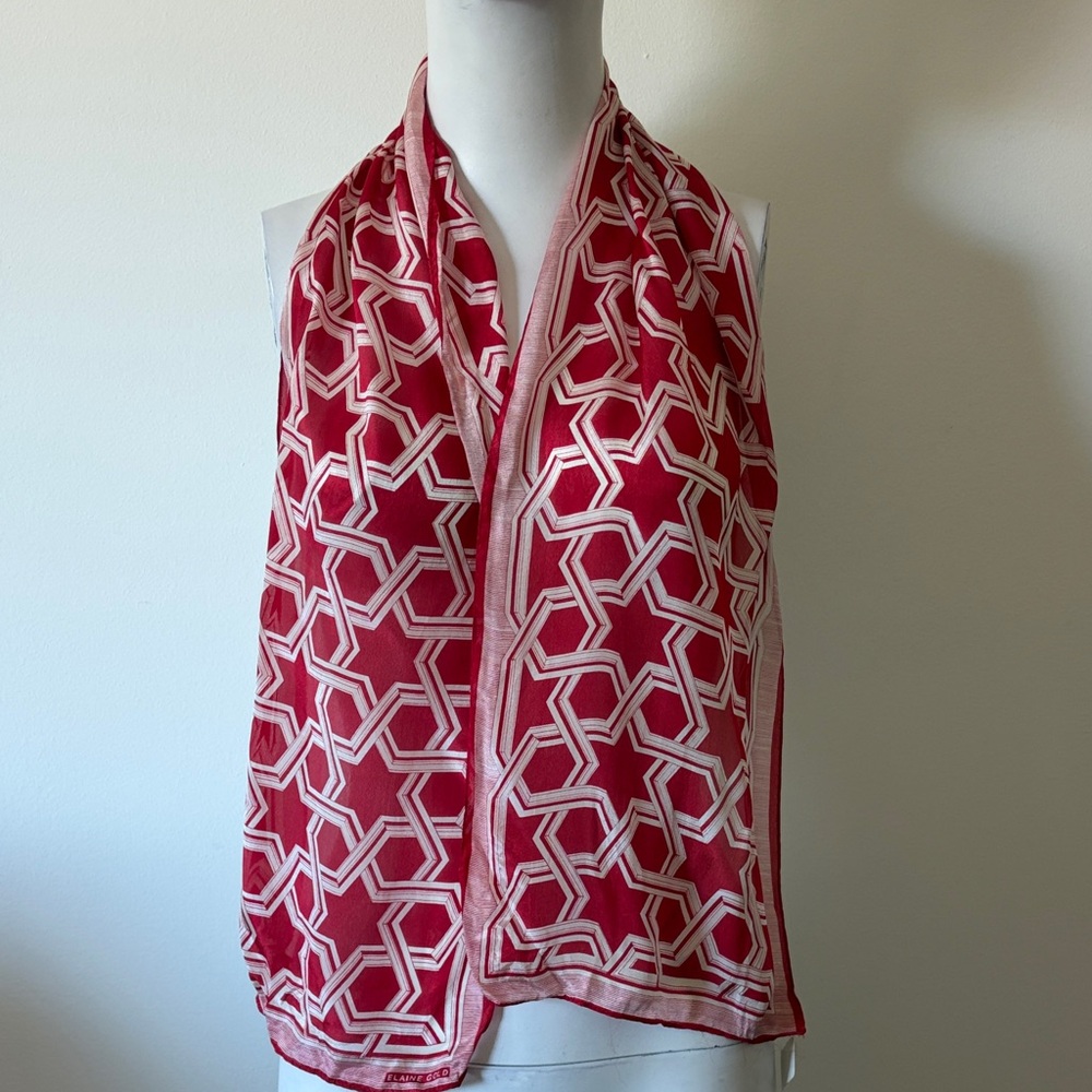 Vintage Elaine Gold Geometric Red & White Patterned Scarf